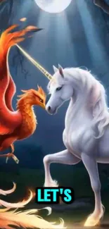 Unicorn and phoenix in a mystical forest lit by moonlight.