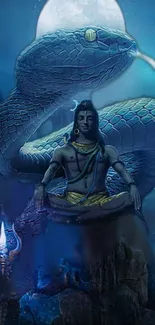 A mythical deity with a serpent in a spiritual and celestial scene on a blue background.