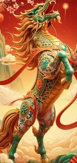 Vibrant mythical dragon art wallpaper with oriental design.