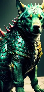 A vibrant dragon-dog hybrid with teal scales and mythical features in a fantasy setting.