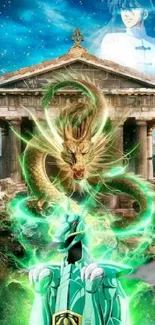 Fantasy wallpaper featuring a golden dragon, ancient temple, and mystical green aura.