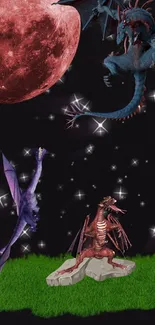 Fantasy wallpaper with dragons and red moon.