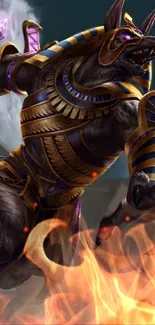 Epic Egyptian warrior with golden armor in fantasy digital art.