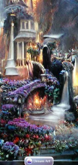 Enchanting fantasy scene with a mystical castle and vibrant flowers.