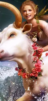 Fantasy artwork of a woman riding a white bull with roses on a starry background.