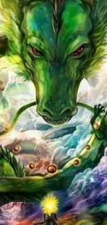 Vibrant green dragon mobile wallpaper art.