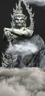 Mythical statue rising through clouds in a mystical, dramatic setting.