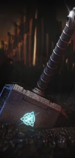 Mythical hammer with glowing rune on dark backdrop.