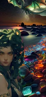 Fantasy artwork featuring Medusa and a dragon on a colorful beach.