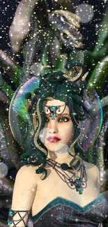 Fantasy art of Medusa with snake hair and dark green background.