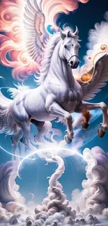 Majestic Pegasus with colorful clouds in a mystical sky.