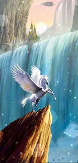 Mythical Pegasus by a cascading waterfall, ideal for fantasy art lovers.