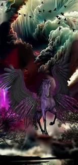 Vibrant Pegasus flying under stormy clouds in a fantasy scene.