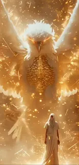 Majestic phoenix and warrior in golden light wallpaper.