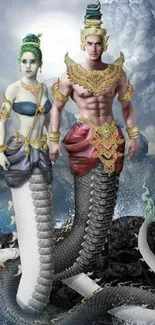 Mythical serpent deities in traditional attire, artistic mobile wallpaper.