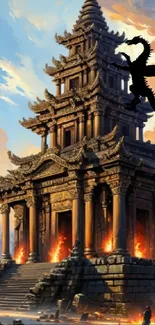 Fantasy temple with dragon shadow on fiery sky wallpaper.