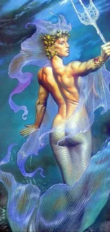 Mythical triton holding trident in vibrant undersea setting.