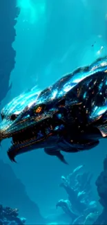 Mythical underwater dragon in a fantasy art scene.