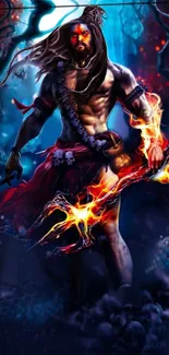 Mythical warrior with fiery weapon on blue background.