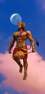 Mythical warrior in the sky with clouds and moon.