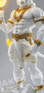 Mythical warrior sculpture with golden details on a white background.