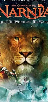 Narnia themed mobile wallpaper with lion centerpiece and fantasy elements.