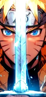 Naruto holding a glowing sword, intense expression, vibrant orange tones.