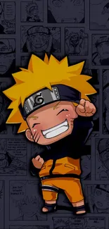 Naruto in orange outfit surrounded by manga panels.