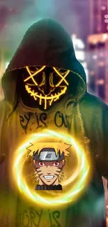 Hooded figure with neon mask and Naruto emblem glowing on a city nightscape.