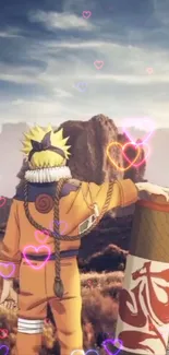 Naruto stands in a scenic landscape with heart motifs.