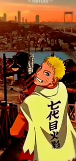 Naruto character with sunset city skyline and bridge in the background.