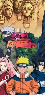 Naruto anime team in village background wallpaper.