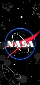 NASA logo with space and rockets theme on black background.