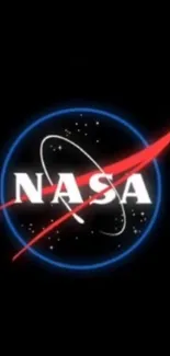 NASA logo on black space-themed wallpaper with stars and orbits.