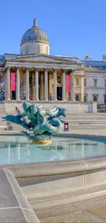 National Gallery and fountain in Trafalgar Square.