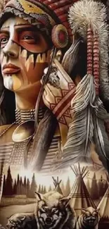 Native American chief with headdress and tribal art mobile wallpaper.