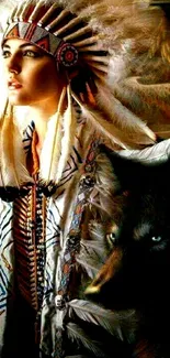 Native American with headdress and wolf art