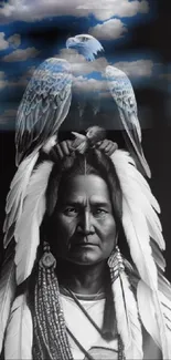 Native American figure with eagle and clouds in monochrome art style.