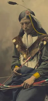 Native American warrior in traditional attire with bow, rich in cultural heritage.