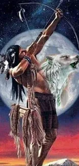 Mystical archer under full moon with wolf spirit design.