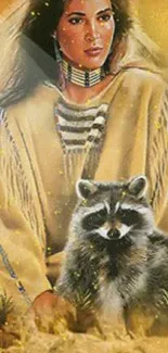 Native American art wallpaper with woman and raccoon.