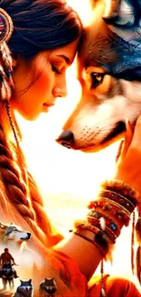 Native woman and wolf in harmony