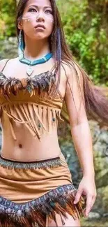 Woman in native attire with earthy tones on scenic background.