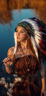 Woman in traditional headdress by a tranquil lake.