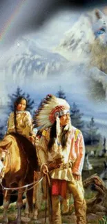 Native American scene with rainbow and wolf spirit.