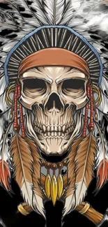 Intricate Native American skull art with feathers on black background.