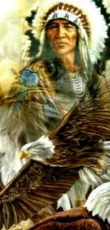 Native American with eagles in symbolic art wallpaper.