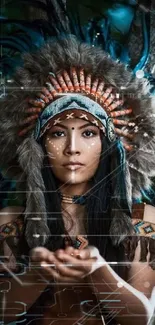 Woman in tribal headdress with forest backdrop.