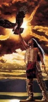 Native man with eagle under dramatic sky.