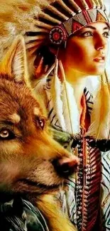 Native American warrior with wolf and eagle imagery.